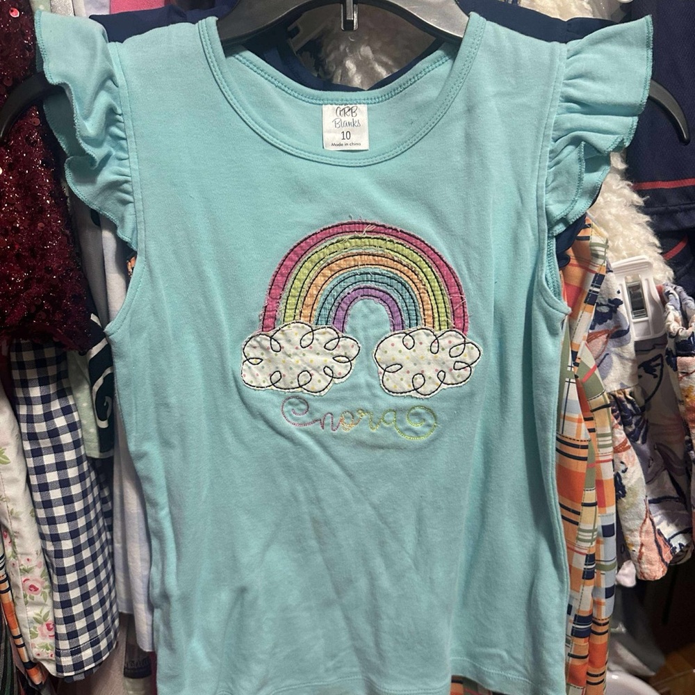 Aqua Rainbow Tee with Ruffle Sleeves “Nora” Monogrammed